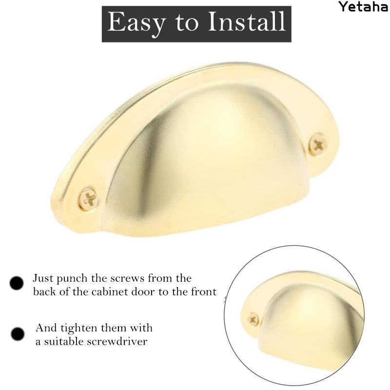 Yetaha Gold Drawer Pulls, 10PCS Bin Cup Cabinet Handles Retro Shell Shape Knobs for Dresser Cupboard Kitchen Furniture Decoration, with Screws (Gold) - Image 4